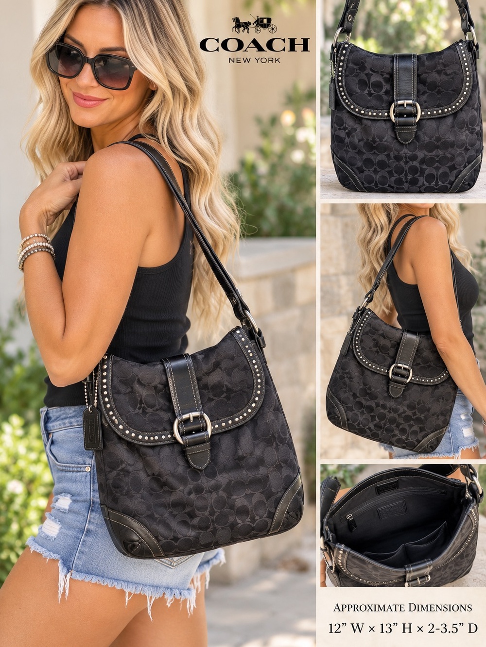 COACH Black Metallic Signature C Jacquard Silver Studded Accents Shoulder Bag 🖤